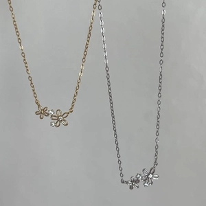 Collier en Argent Sterling 925 Pendentif Double Fleur Strass Chaîne de Clavicule Style Coréen Bijoux Cadeau pour Femme