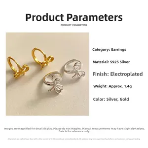 Vue détaillée de boucles d'oreilles papillon en argent S925 avec spécifications de poids