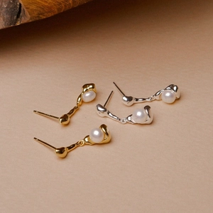Irregular Liquid Metal Artificial Pearl Drop Earrings With 925 Sterling Silver Earring Post Elegant Minimalist Jewelry Women