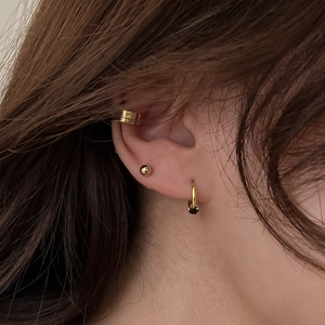 S925 sterling silver gold earrings set with ear cuff, ball stud and black stone charm
