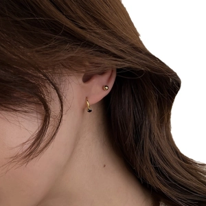 Minimalist S925 silver gold hoop with black stone and stud earring on ear