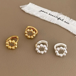 925 Sterling Silver Beaded Hoop Earrings For Women French Style Minimalist Round Bead Ear Buckle Fashion Jewelry Gold Silver