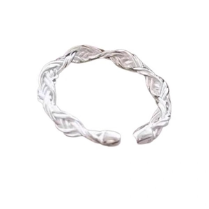 Minimalist silver braided twist open ring with a brushed metallic texture for women