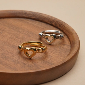 925 Sterling Silver Open Heart Ring Korean Minimalist Adjustable Finger Ring Hollow Chain Texture Gold Silver Ring For Women