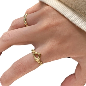 Adjustable golden S925 sterling silver stacked rings with heart and hammered texture