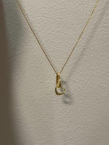 Detailansicht ineinandergreifender Doppelherz-Anhänger an einer feinen goldfarbenen Kette