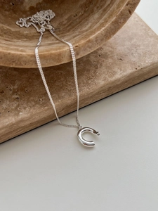 Detailed close-up of a polished silver horseshoe pendant necklace on a textured stone base