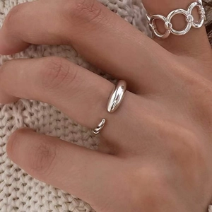 Bague ouverte coeur minimaliste en argent sterling 925 avec bague chaîne superposée