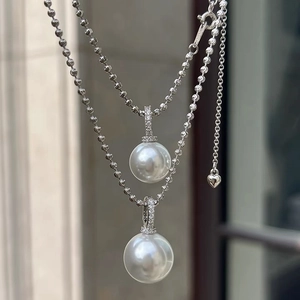 White Crystal Artificial Pearl Pendant Necklace 925 Sterling Silver Ball Chain Zircon Minimalist Elegant Style Jewelry For Women