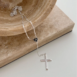 925 Sterling Silver Cross Heart Pendant Necklace For Women Black Enamel Bow Rhinestone Inlaid Minimalist Dainty Jewelry