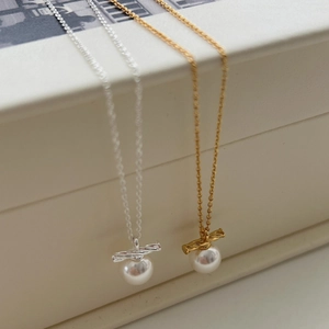 925 Sterling Silver Necklace With Shell Artificial Pearl Twisted Bar Pendant Elegant Jewelry For Women