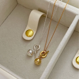 Minimalist S925 sterling silver OT toggle necklace with metallic ball pendant in gold and silver