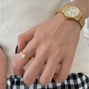 Elegant 925 sterling silver double layer open ring with pearl and golden finish
