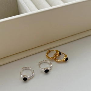 Vintage 925 Sterlingsilber Schwarzer Achat Huggie Hoop Ohrringe Für Damen Koreanischer Stil Perlenkante Gold Silber Galvanisierter Schmuck