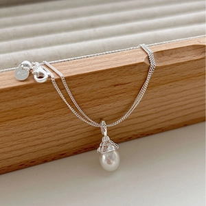 Korean Design 925 Sterling Silver Freshwater Pearl Necklace For Women Minimalist Acorn Pendant Water Ripple Chain Jewelry