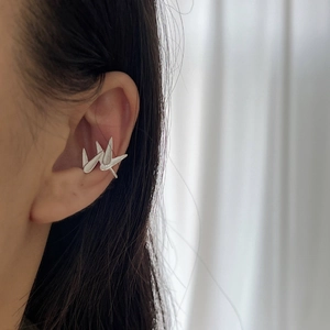 Minimalist 925 sterling silver bamboo leaf ear cuff with brushed metal texture