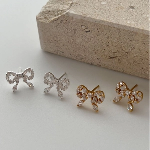 925 Sterling Silver Bowknot Stud Earrings For Women Shiny Rhinestone Bow Earrings Heavy Work Luxury Elegant Korean Jewelry