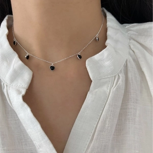 Collier en Argent Sterling 925 Mini Cœur Noir pour Femme Chaîne de Clavicule Délicate Émail Bijoux de Mode Coréenne Cadeau