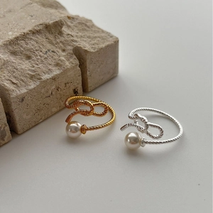 925 Sterling Silver Artificial Pearl Open Ring For Women Adjustable Twisted Rope Knot Design Versatile Elegant Jewelry