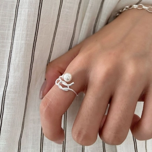 925 Sterling silver knot ring with pearl, elegant adjustable open ring for women