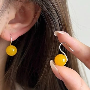 925 sterling silver drop earrings with smooth round yellow agate beads on hooks