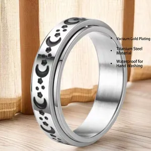 Bague anti-stress rotative en acier inoxydable avec motifs lune et étoiles couleur argent