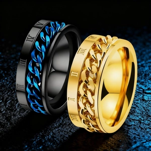 Stainless Steel Rotating Spinner Ring With Cuban Chain And Roman Numerals Punk Hip Hop Band For Men Women Fashion Jewelry