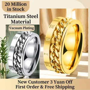 Titanium steel spinner ring with Roman numerals and rotating chain in gold and silver