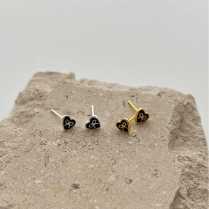 925 sterling silver heart stud earrings with black enamel and elegant bow design