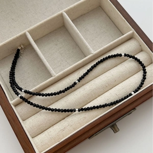 S925 Sterling Silver Black Spinel Beaded Necklace For Women Minimalist Korean Style Faceted Stone Choker Jewelry