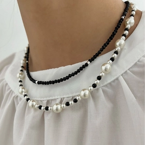 Double-layered S925 sterling silver necklace with black spinel beads and white pearls