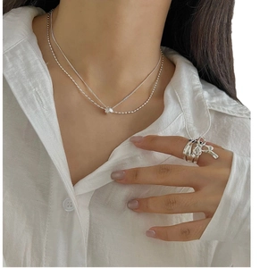 Minimalist S925 sterling silver layered necklace with sphere pendant on female model