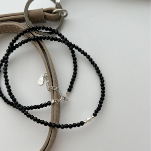 925 Sterling Silver Black Spinel Beaded Necklace With Artificial Pearl Accent Double Layered Clavicle Chain Elegant Jewelry For Women
