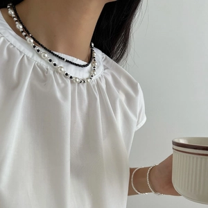 Minimalist S925 silver black spinel and pearl beaded layered necklace for women