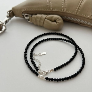 Elegant S925 sterling silver necklace with black spinel beads and a natural white pearl