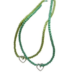 Handmade 925 silver beaded necklaces with hollow heart pendants in green and teal