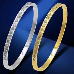 Luxury Stainless Steel Rhinestone Inlaid Bangle For Women Geometric Diamond Pattern High Polished Gold Silver Cuff Bracelet Jewelry