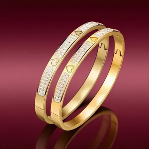 Stainless Steel Rhinestone Heart Clover Cross Bangle For Women Fashion Gold Silver Plated Open Hinged Bracelet Jewelry