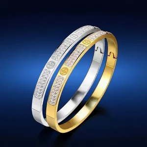 Luxus Edelstahl Strass Ovaler Armreif Armband Für Damen Gold Silber Plattiert Herz Kleeblatt Kreuz Geometrischer Schmuck Geschenk