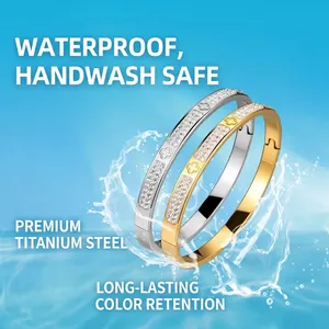 Bracelets trèfle en acier inoxydable poli avec double rangée de cristaux or et argent