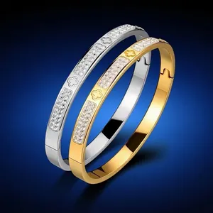 Bracelet Jonc en Acier Inoxydable Trèfle avec Strass Pour Femme Plaqué Or Argent Jonc en Forme de Cœur Bijoux de Mode Quotidiens