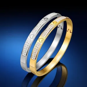 Bracelet Jonc en Acier Inoxydable Cœur Trèfle Croix pour Femme Incrusté de Strass Bracelet Ouvert Bijoux Élégants