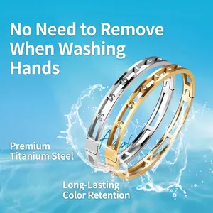 Waterproof titanium steel hollow bracelets with zircon stones in gold and silver finish