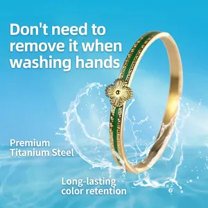Waterproof gold-plated titanium steel clover bracelet with green enamel inlay for women