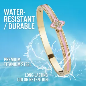Waterproof gold plated titanium steel clover bangle with pink inlay and crystals