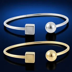 Minimalist Stainless Steel Open Cuff Bracelet For Women Geometric Square Cube And Round Ball Design Fashion Jewelry