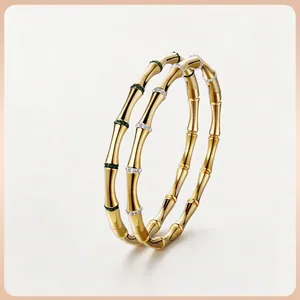 Bamboo style stainless steel bangles with green gemstone and white zircon stones