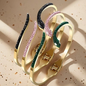 Vintage Luxurious Stainless Steel Snake Bangle For Women Electroplated Rhinestone Inlaid Open Bracelet Fashion Jewelry Gift