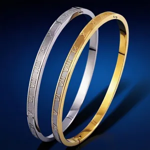 Minimalist Stainless Steel Bangle Bracelet For Women Roman Numeral Engraved Polished Fashion Commuter Jewelry Gold Silver Rose Gold