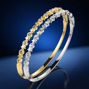 Luxury Stainless Steel Zirconia Star Heart Bangle For Women Gold Silver Plated Roman Numerals Elegant Hinged Bangle Fashion Jewelry Gift